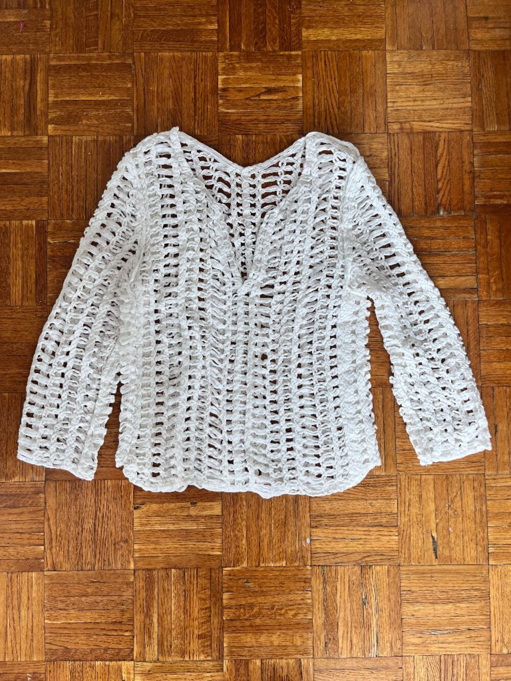 White Open Knit Crochet Sweater Cover-Up V-Neck Oversized Boho Beach